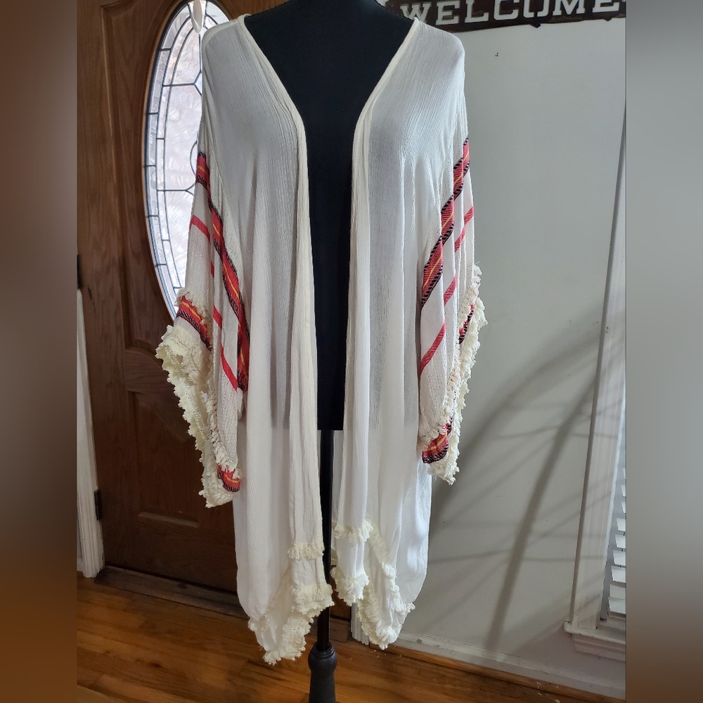 Boho Sheer Kimono Duster Fringe Trim Beach Cover Up